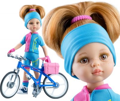 Oryginalne ubranko Paola Reina dla lalki 32 cm Amigas 54654, strój rowerzystki: bluzka, spodenki, skarpetki, opaska na głowę, rękawiczki bez palców