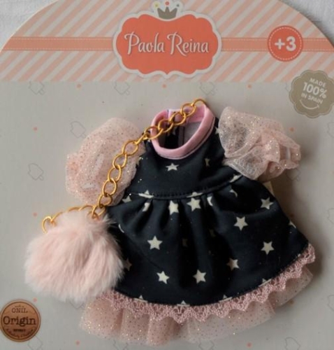 Oryginalne ubranko Paola Reina dla lalki 32 cm Amigas 54529, czarna w gwiazdeczki z różowym tiulem sukienka, majteczki, puchata torebka
