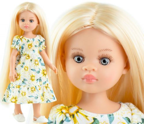 Oryginalne ubranko Paola Reina dla lalki 32 cm Amigas 54497, sukienka z bufkami w żółte kwiaty, majteczki