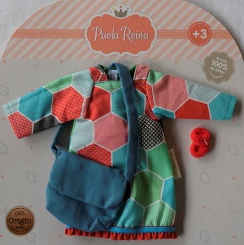Oryginalne ubranko Paola Reina dla lalki 32 cm Amigas 54492 sukienka w geometryczne wzory, czerwone skarpetki, majteczki, niebieska torebka na ramię