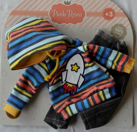 Oryginalne ubranko Paola Reina dla lalki 32 cm Amigas 54487 bluza z kapturem w kolorowe paseczki, szare spodnie