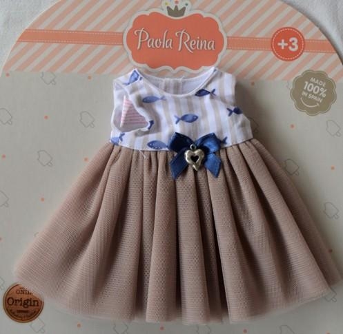 Oryginalne ubranko Paola Reina dla lalki 32 cm Amigas 54485 sukienka w beżowe paseczki i niebieskie rybki, dół z beżowego tiulu