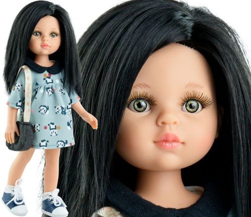 Oryginalne ubranko Paola Reina dla lalki 32 cm Amigas 54482 jasnoniebieska sukieneczka we wzorki z czarnym kołnierzykiem, majteczki, skarpetki, torebka na ramię