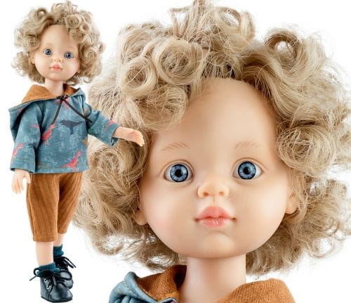 Oryginalne ubranko Paola Reina dla lalki 32 cm Amigas 54473 bluza z kapturem w dinozaury, brązowe spodnie  3/4, ciemnozielone skarpetki