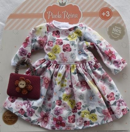 Oryginalne ubranko Paola Reina dla lalki 32 cm Amigas 54468 sukienka w kwiatuszki, torebka, majteczki