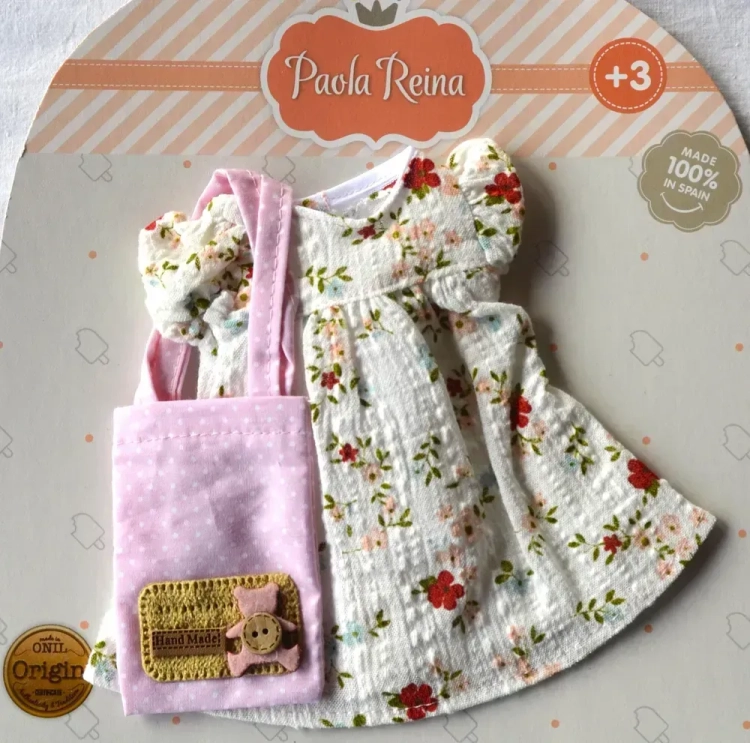Oryginalne ubranko Paola Reina dla lalki 32 cm Amigas 54470 biała sukienka w kwiatuszki, różowa torebka na ramię, majteczki