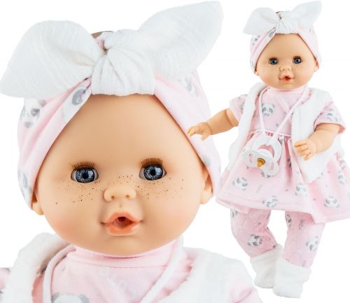 Lalka Hiszpańska 36 cm Paola Reina 08037 Sonia, bobas miękki brzuszek, zamyka oczy, płacze, mówi: mama, papa, bez włosów, w ubranku
