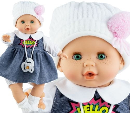 Lalka Hiszpańska 36 cm Paola Reina 08038 Sonia, bobas miękki brzuszek, zamyka oczy, płacze, mówi: mama, papa, bez włosów, w ubranku