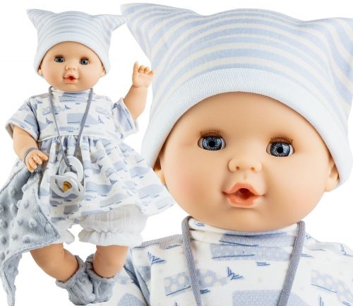 Lalka Hiszpańska 36 cm Paola Reina 08036 Sonia, bobas miękki brzuszek, zamyka oczy, płacze, mówi: mama, papa, bez włosów, w ubranku