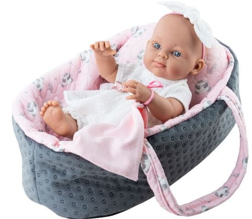 Lalka Hiszpańska 32 cm Paola Reina 05127 Minipikolina, bobas cały z winylu, dziewczynka, bez włosów, w ubranku, nosidełko z poduszeczką, mały kocyk przytulanka
