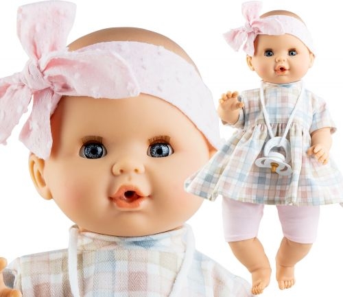 Lalka Hiszpańska 36 cm Paola Reina 08035 Sonia, bobas miękki brzuszek, zamyka oczy, płacze, mówi: mama, papa, bez włosów, opaska na głowę, sukienka, krótkie legginsy, magnetyczny smoczek