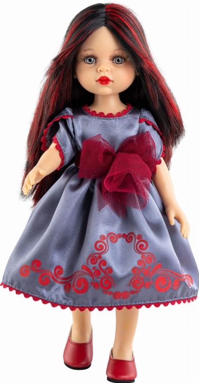 Lalka Hiszpańska 32 cm Paola Reina Amigas 04532 Estibaliz, klasyczna, cała z winylu, niebieskie oczy, czarne włosy z czerwonymi pasemkami, szara sukienka z bordowymi elementami, majteczki, buciki