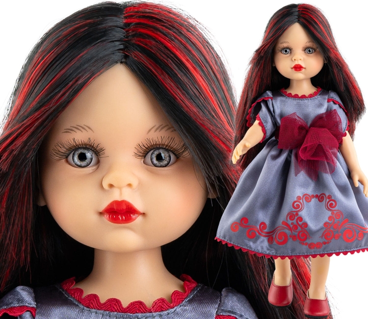 Lalka Hiszpańska 32 cm Paola Reina Amigas 04532 Estibaliz, klasyczna, cała z winylu, niebieskie oczy, czarne włosy z czerwonymi pasemkami, szara sukienka z bordowymi elementami, majteczki, buciki