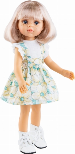 Lalka Hiszpańska 32 cm Paola Reina Amigas 04674 Rosa, klasyczna, cała z winylu, niebieskie oczy, piegi na buzi, perłowe blond włosy z grzywką odcień delikatny róż długość do ramion, bluzeczka, spódniczka z szelkami, majteczki, wiązane białe buciki
