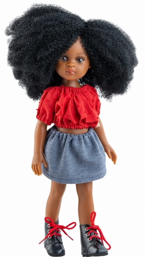 Lalka Hiszpańska 32 cm Paola Reina Amigas 04671 Camila, klasyczna, cała z winylu, ciemna skóra, brązowe oczy, czarne włosy fryzura typu afro, bluzeczka, spódniczka, majteczki, wiązane buciki