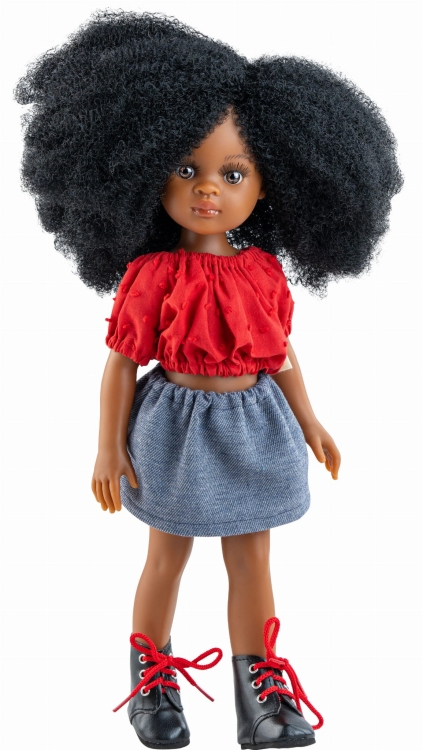 Lalka Hiszpańska 32 cm Paola Reina Amigas 04671 Camila, klasyczna, cała z winylu, ciemna skóra, brązowe oczy, czarne włosy fryzura typu afro, bluzeczka, spódniczka, majteczki, wiązane buciki