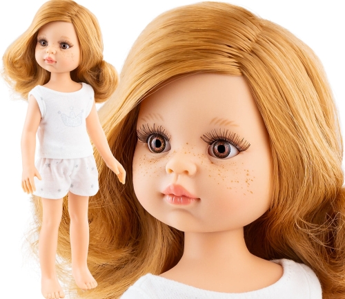 Lalka Hiszpańska 32 cm Paola Reina Amigas 13224 Noemi, klasyczna, cała z winylu, w piżamce, złotoblond włosy, brązowe oczy, piegi na buzi