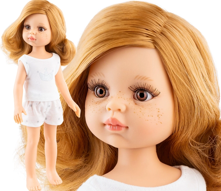 Lalka Hiszpańska 32 cm Paola Reina Amigas 13224 Noemi, klasyczna, cała z winylu, w piżamce, złotoblond włosy, brązowe oczy, piegi na buzi