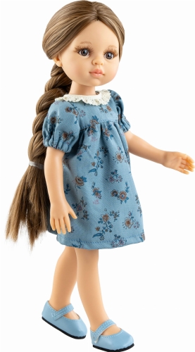 Lalka Hiszpańska 32 cm Paola Reina Amigas 04667 Laura, klasyczna, cała z winylu, brązowe oczy, brązowe długie  włosy splecione w warkocz, niebieska sukienka w kwiatuszki, majteczki, niebieskie buciki
