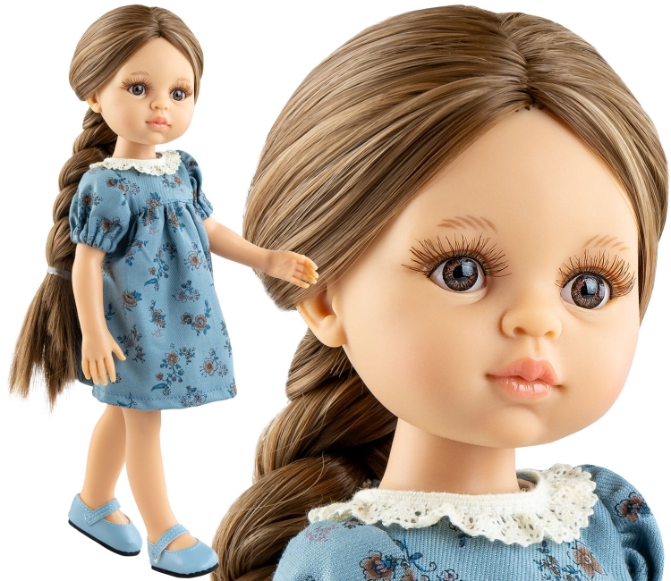 Lalka Hiszpańska 32 cm Paola Reina Amigas 04667 Laura, klasyczna, cała z winylu, brązowe oczy, brązowe długie  włosy splecione w warkocz, niebieska sukienka w kwiatuszki, majteczki, niebieskie buciki