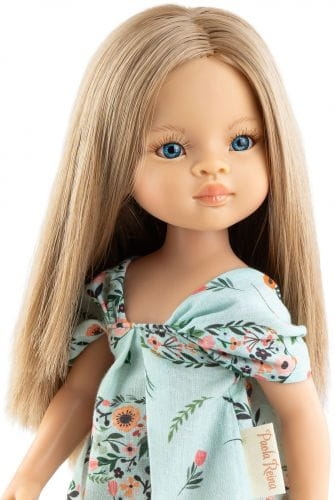 Oryginalne ubranko Paola Reina dla lalki 32 cm Amigas 54668, błękitna tunika w kwiatuszki, bloomersy
