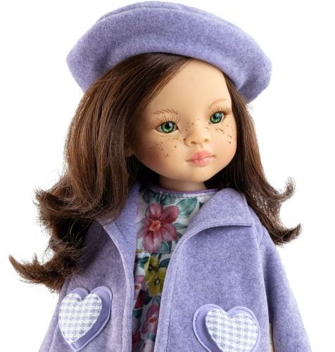 Oryginalne ubranko Paola Reina dla lalki 32 cm Amigas 54670, fioletowy komplet: berecik, płaszczyk, sukienka, podkolanówki, majteczki