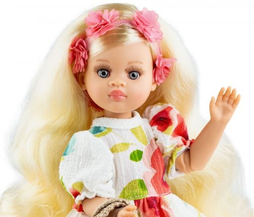 Oryginalne ubranko Paola Reina dla lalki 32 cm Amigas 54862, biała sukienka we wzorki, tiulowa opaska na głowę, majteczki, torebka