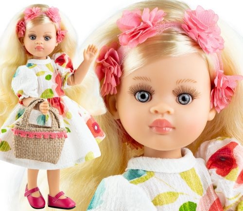 Oryginalne ubranko Paola Reina dla lalki 32 cm Amigas 54862, biała sukienka we wzorki, tiulowa opaska na głowę, majteczki, torebka