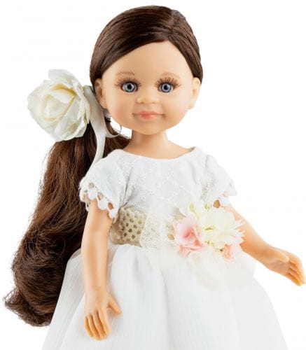 Lalka Hiszpańska 32 cm Paola Reina Amigas 04829 Noa, klasyczna, cała z winylu, niebieskie oczy, brązowe włosy, długa balowa sukienka, majteczki, buciki