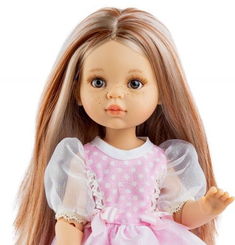 Lalka Hiszpańska 32 cm Paola Reina Amigas 04865 Miriam, klasyczna, cała z winylu, przegubowa ruchome stawy, brązowe oczy, włosy brązowe i jasne pasemka, sukienka, majteczki, skarpetki, buciki