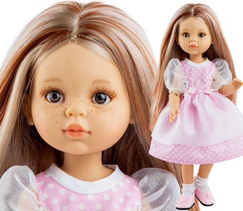 Lalka Hiszpańska 32 cm Paola Reina Amigas 04865 Miriam, klasyczna, cała z winylu, przegubowa ruchome stawy, brązowe oczy, włosy brązowe i jasne pasemka, sukienka, majteczki, skarpetki, buciki