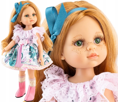 Lalka Hiszpańska 32 cm Paola Reina Amigas 04679 Noelia, klasyczna, cała z winylu, zielone oczy, blond z odcieniem rudego włosy, sukienka, majteczki, skarpety, różowe botki