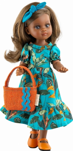 Lalka Hiszpańska 32 cm Paola Reina Amigas 04864 Salu, klasyczna, cała z winylu, przegubowa ruchome stawy, ciemna skóra, brązowe oczy, brązowe włosy, sukienka, majteczki, buciki, torebka