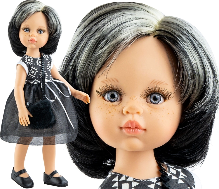 Lalka Hiszpańska 32 cm Paola Reina Amigas 04533 Ani, klasyczna, cała z winylu, szaro-niebieskie oczy, czarne z jasnymi pasemkami włosy do ramion, czarna z białym wzorkiem sukienka, majteczki, buciki