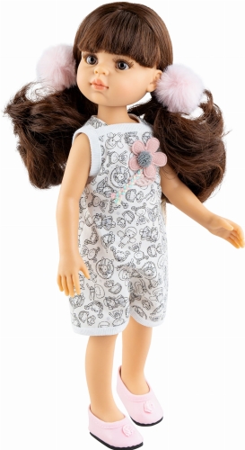 Lalka Hiszpańska 32 cm Paola Reina Amigas 04675 Estefania, klasyczna, cała z winylu, brązowe oczy, brązowe włosy z grzywką, kombinezon, buciki