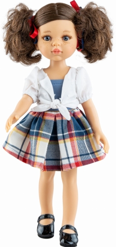 Lalka Hiszpańska 32 cm Paola Reina Amigas 04672 Pepi, klasyczna, cała z winylu, niebieskie oczy, piegi na buzi, brązowe włosy, bluzeczka top, biała koszula, spódniczka, majteczki, buciki