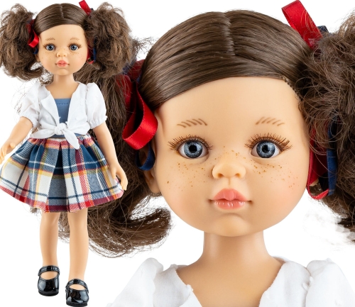 Lalka Hiszpańska 32 cm Paola Reina Amigas 04672 Pepi, klasyczna, cała z winylu, niebieskie oczy, piegi na buzi, brązowe włosy, bluzeczka top, biała koszula, spódniczka, majteczki, buciki