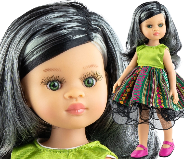 Lalka Hiszpańska 32 cm Paola Reina Amigas 04531 Kechu, klasyczna, cała z winylu, zielone oczy, czarne włosy z białymi pasemkami, sukienka, majteczki, buciki