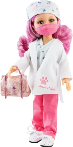 Lalka Hiszpańska 32 cm Paola Reina Amigas 04700 Esme lekarka weterynarii, klasyczna, cała z winylu, zielone oczy, różowe z białymi pasemkami włosy, strój lekarki: czepek, maseczka, fartuch, bluza, spodnie, torba, białe wiązane buciki