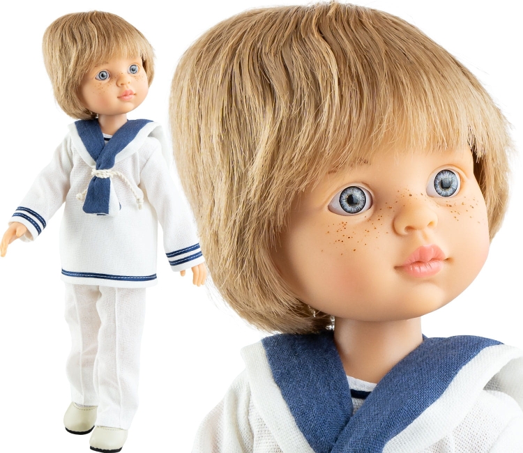 Lalka Hiszpańska 32 cm Paola Reina Amigas 04827 Martin, klasyczna, cała z winylu, niebieskie oczy, blond włosy, bluza, spodnie, buciki