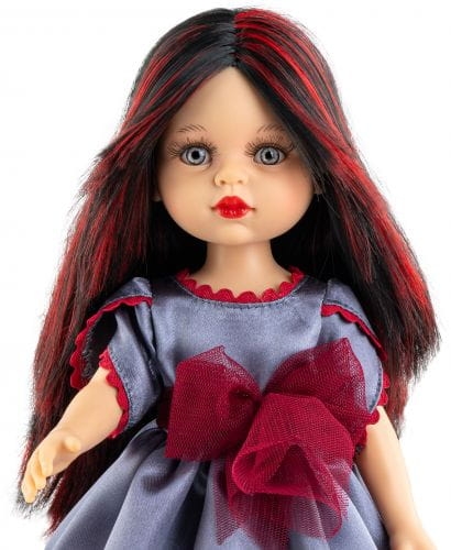 Lalka Hiszpańska 32 cm Paola Reina Amigas 04532 Estibaliz, klasyczna, cała z winylu, niebieskie oczy, czarne włosy z czerwonymi pasemkami, szara sukienka z bordowymi elementami, majteczki, buciki