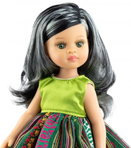 Lalka Hiszpańska 32 cm Paola Reina Amigas 04531 Kechu, klasyczna, cała z winylu, zielone oczy, czarne włosy z białymi pasemkami, sukienka, majteczki, buciki