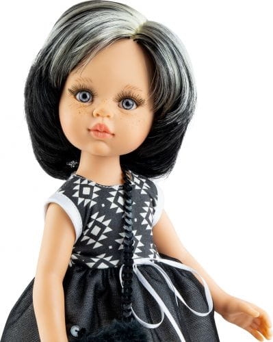 Lalka Hiszpańska 32 cm Paola Reina Amigas 04533 Ani, klasyczna, cała z winylu, szaro-niebieskie oczy, czarne z jasnymi pasemkami włosy do ramion, czarna z białym wzorkiem sukienka, majteczki, buciki