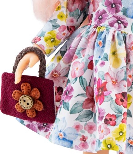 Lalka Hiszpańska 32 cm Paola Reina Amigas 04468 Rosa, klasyczna, cała z winylu, zielone oczy, włosy w kolorze delikatnego jasnego perłowego różu, sukienka w kwiatuszki, torebka, buciki
