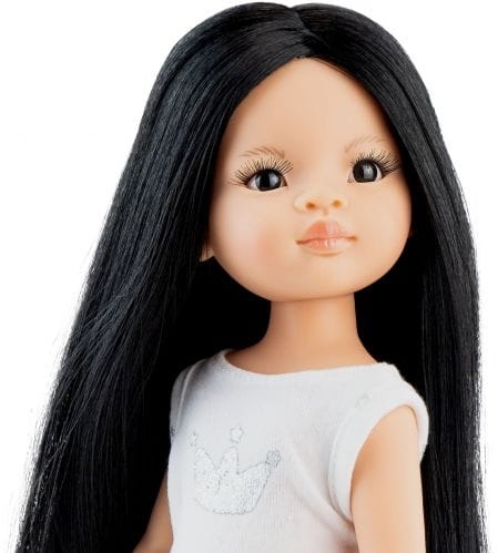 Lalka Hiszpańska 32 cm Paola Reina Amigas 13227 Paola, klasyczna, cała z winylu, w piżamce, długie do kolan czarne proste włosy, ciemne oczy