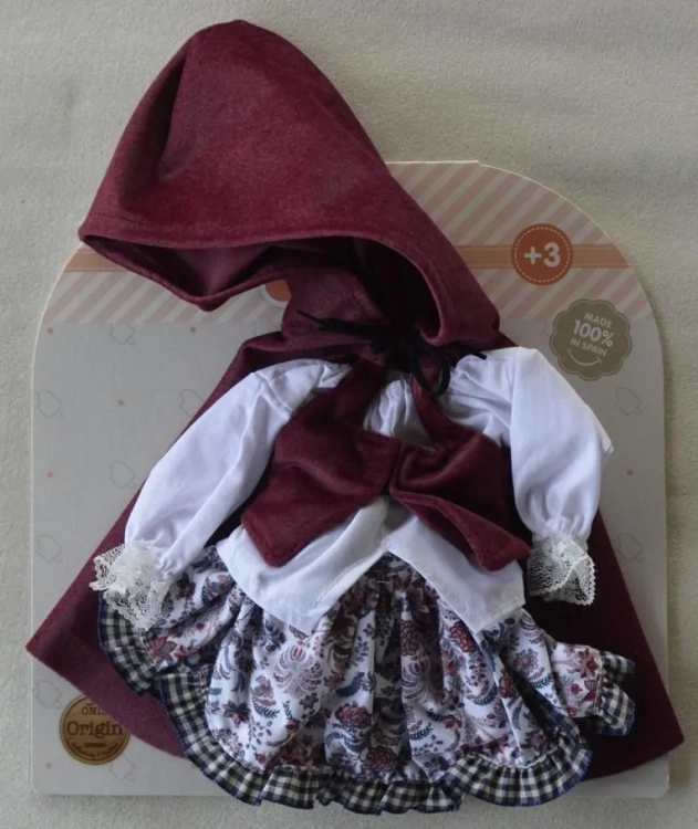 Oryginalne ubranko Paola Reina dla lalki 32 cm Amigas 54546, biała bluzka długi rękaw, spódniczka we wzorki, bordowa kamizelka, bordowa pelerynka z kapturem, majteczki