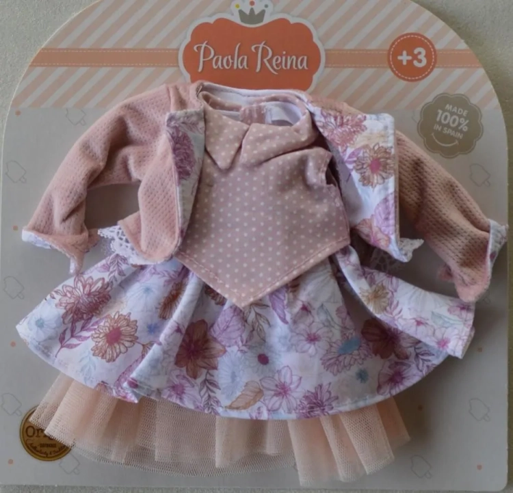 Oryginalne ubranko Paola Reina dla lalki 32 cm Amigas 54547, kolorowa sukienka, żakiecik, majteczki