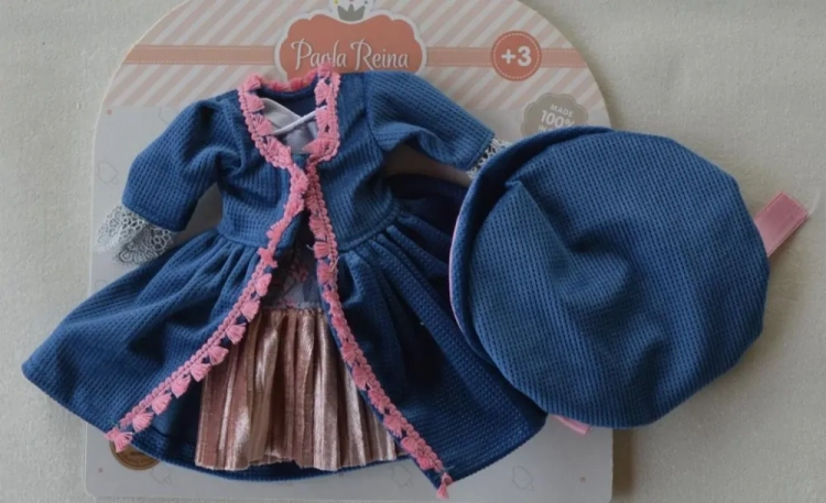 Oryginalne ubranko Paola Reina dla lalki 32 cm Amigas 54548, wiązany kapelusz, sukienka, płaszczyk, majteczki