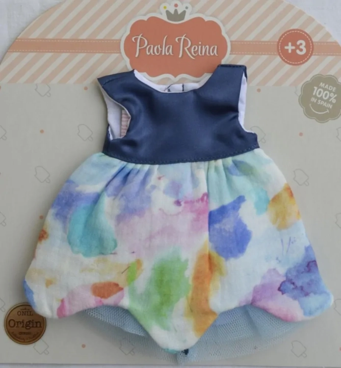 Oryginalne ubranko Paola Reina dla lalki 32 cm Amigas 54664, kolorowa sukienka, wstążka opaska do włosów, majteczki