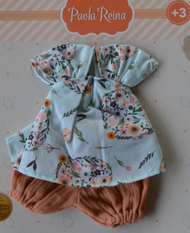 Oryginalne ubranko Paola Reina dla lalki 32 cm Amigas 54668, błękitna tunika w kwiatuszki, bloomersy